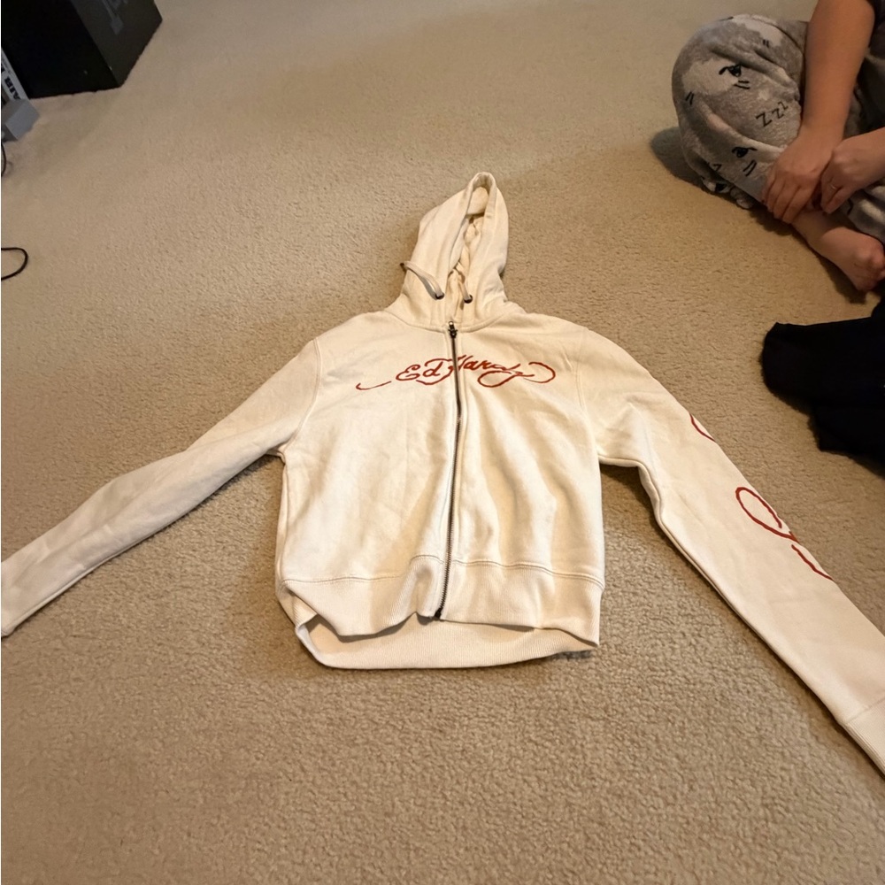 Ed Hardy Beige Hoodie with Red Accents